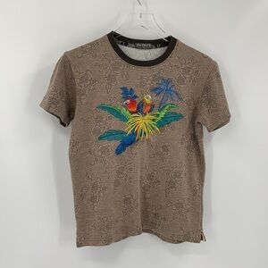 Kwanyo knit embroidery parrots shirt top blouse stretch floral brown women Small